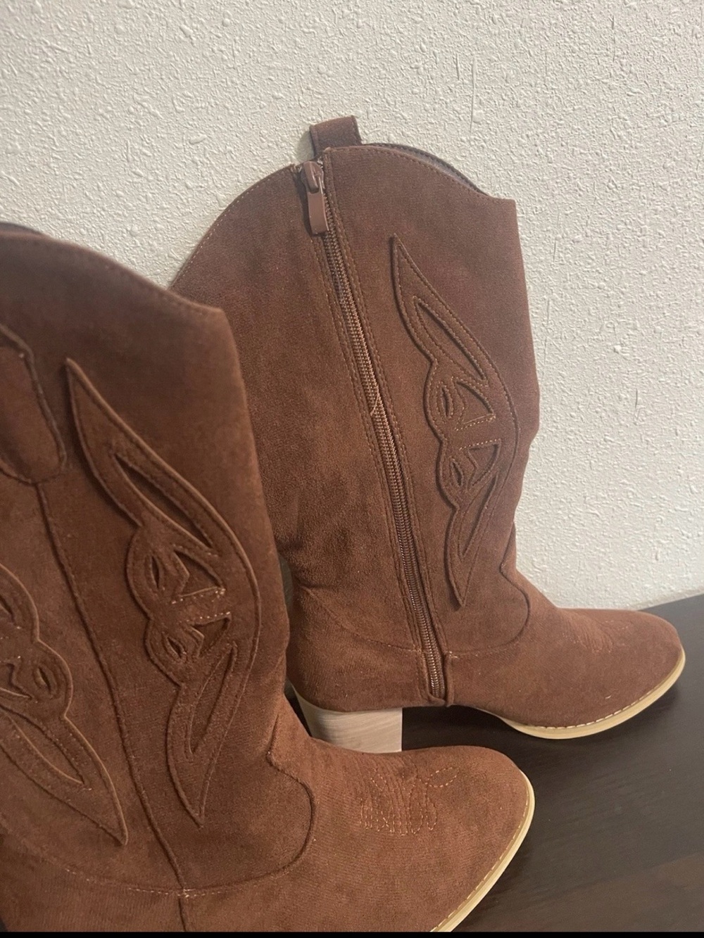 Women's Brown Suede Western Heeled Boots with Side Zip
